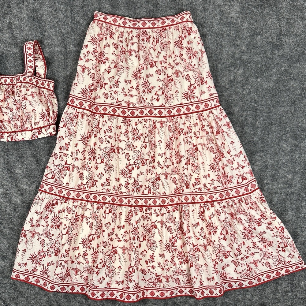 Japna Red Floral Two Piece Set Women's Small Smocked Crop Top Tiered Maxi Skirt - Picture 3 of 14